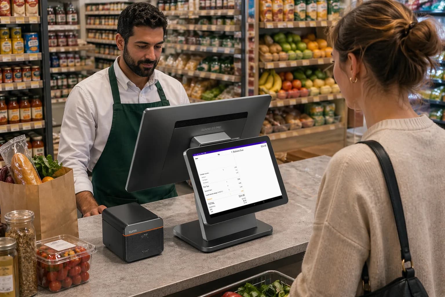 SUNMI D3 Pro counter-ready setup in a grocery checkout environment