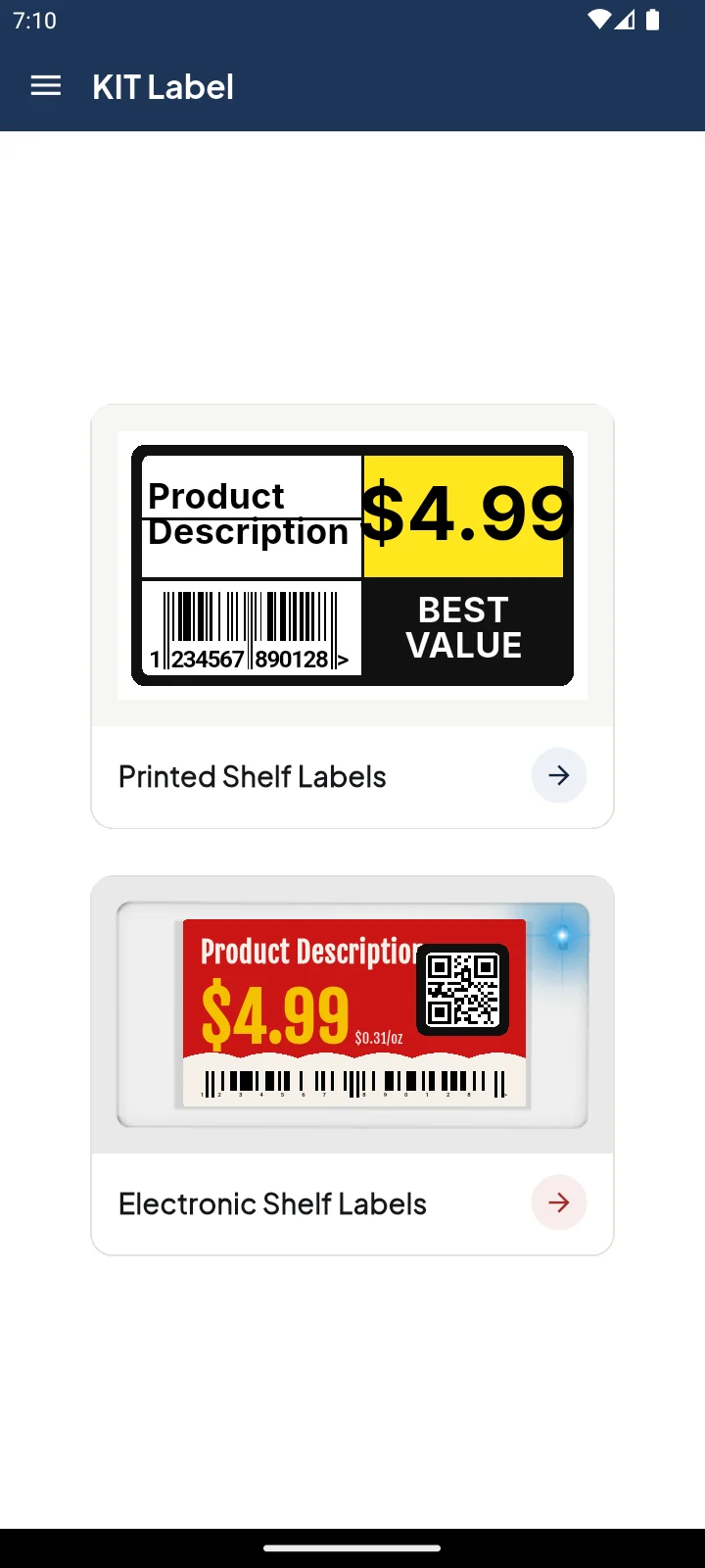 The KIT Label home screen, offering printed shelf labels or electronic ones