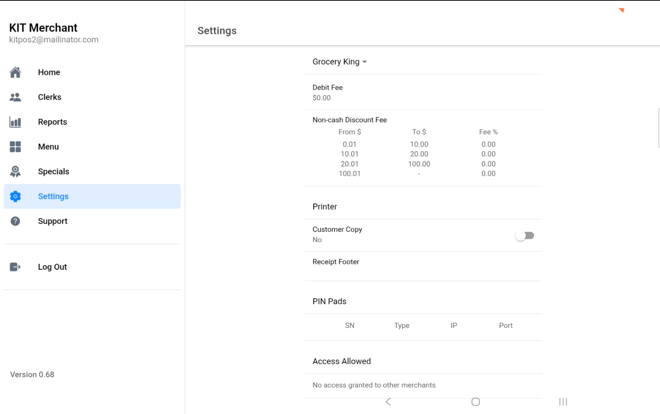 KIT Merchant management screen