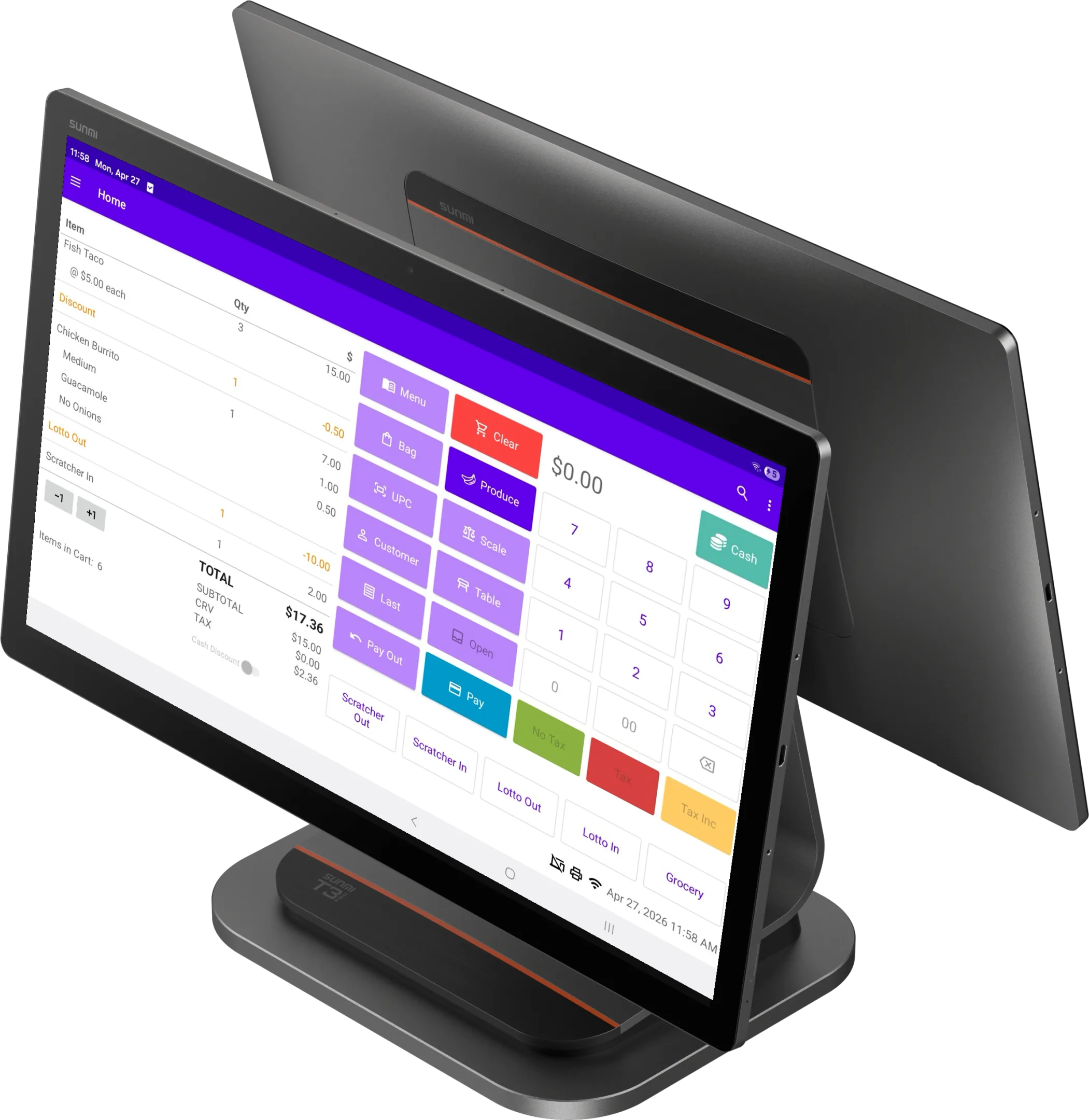 SUNMI T3 PRO dual-display desktop terminal running KIT POS